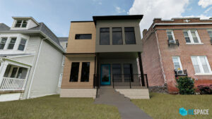 Modern two‑story house with large windows, wood and gray siding, and a teal front door, situated between two older homes.