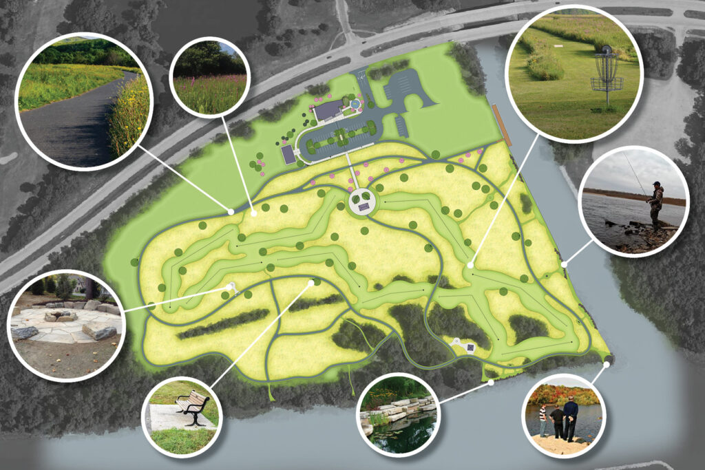 A multi-color aerial design plan shows the site for the future building and land surrounding it.